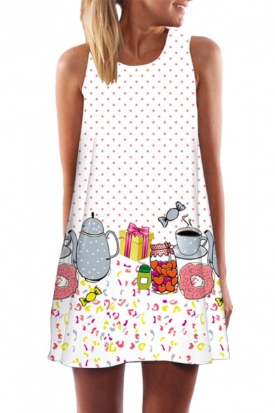 Womens 3D Dress Stylish Polka Dot Cup Gift Candy Flower Butterfly Print Sleeveless Mini Regular Fitted Round Neck Swing Dress