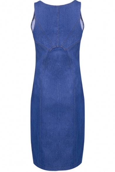 Womens Denim Dress Stylish Panel Split Hem Full-Zipper Front Sleeveless Midi Slim Fitted Scoop Neck Bodycon Dress