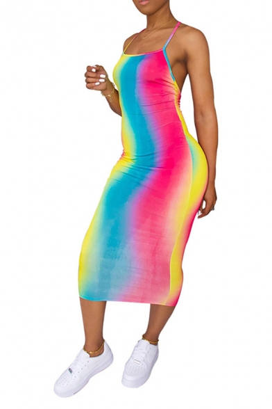 Womens Dress Fashionable Rainbow Stripe Vine Camo Star Pattern Criss-Cross Back Slim Fitted Midi Spaghetti Strap Sleeveless Bodycon Dress