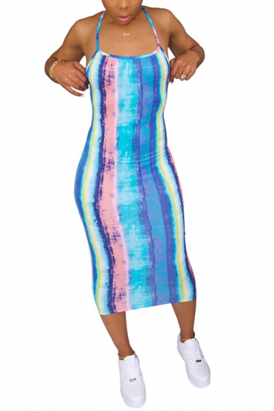 Womens Dress Fashionable Rainbow Stripe Vine Camo Star Pattern Criss-Cross Back Slim Fitted Midi Spaghetti Strap Sleeveless Bodycon Dress