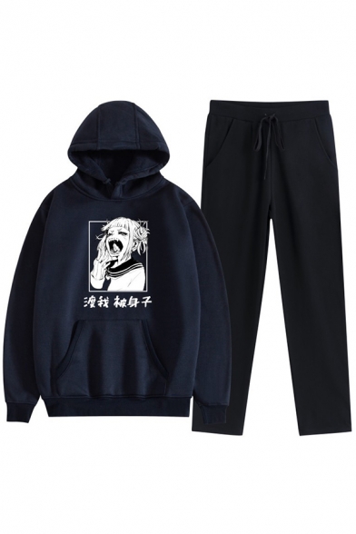 Womens Graphic Co-ords Stylish Beauty Waifu Chinese Letter Pattern Long Sleeve Hoodie Full Length Pants Loose Fit Jogger Co-ords