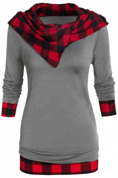 Womens Hoodie Chic Contrast Checkered Pattern Panel Tunic Slim Fitted Long Sleeve Hoodie