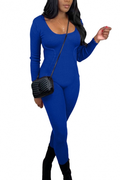 Womens Jumpsuit Chic Plain Rib Knitted Panel Square Neck Slim Fitted Long Sleeve Jumpsuit