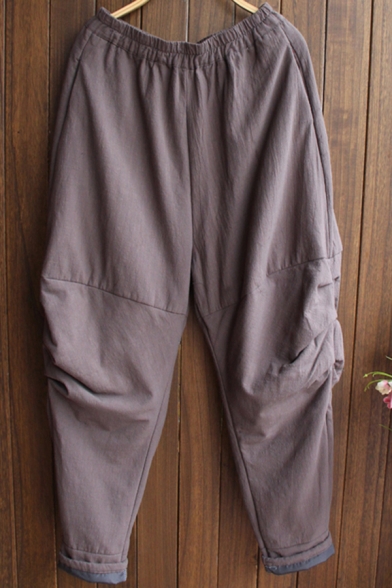 Womens Pants Stylish Plain Thick Cotton Linen Elastic Waist Loose Fitted 7/8 Length Carrot Lounge Pants