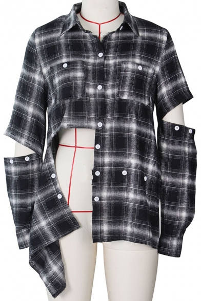 Womens Shirt Fashionable Plaid Pattern Button Detail Long Sleeve Spread Collar Slim Fit Shirt