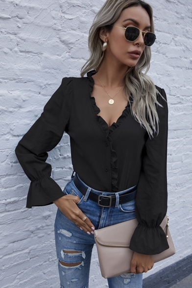 Womens Shirt Trendy Solid Color Stringy Selvedge Detail Button up V Neck Loose Fit Long Flounce Sleeve Shirt