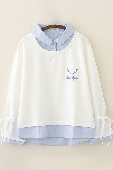 Womens Sweatshirt Stylish Deer Horn Letter Embroidery Pinstripe-Patchwork Faux Twinset Long Sleeve Relaxed Fit Turn-down Collar Pullover Sweatshirt