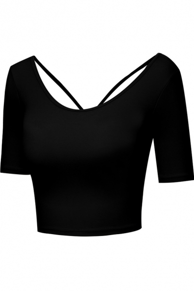 Womens Yoga T-Shirt Fashionable Solid Color Chest Pad Cross Beauty-Back Quick Dry Skinny Fitted Cropped Scoop Neck Short Sleeve T-Shirt