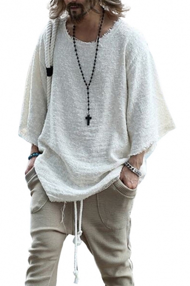 Basic Mens T Shirt Solid Color Frayed Edge Drop Shoulder Loose Fitted Round Neck 3/4 Sleeve T-Shirt
