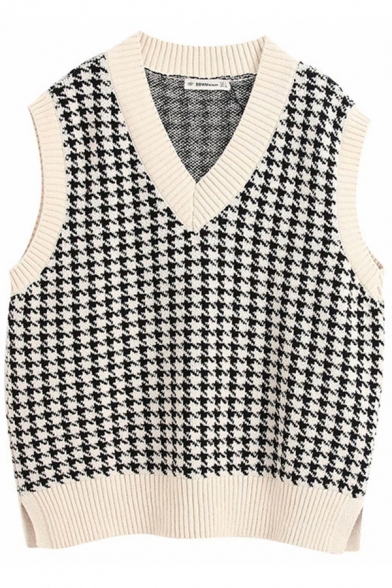 Basic Women's Knit Vest Contrast Trim Ribbed Trim Houndstooth Printed Hem Slits V Neck Sleeveless Regular Fit Sweater Vest