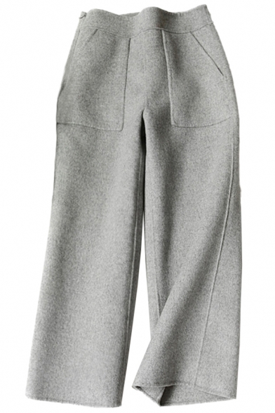 Basic Women's Pants Woolen Solid Color Pockets Elastic Waist Wide-Leg Loose Fitted Pants