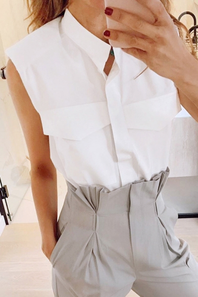Casual Women's Blouse Button Closure Flap Chest Pockets Shoulder Pad Stand Collar Sleeveness Regular Fitted Blouse Shirt