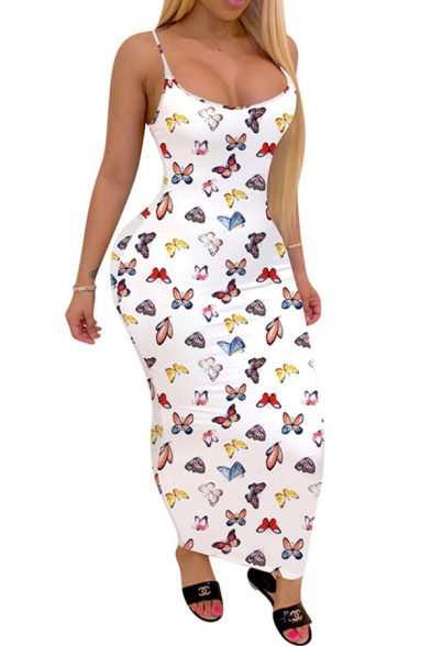 Classic Womens Bodycon Dress Spiral Tie Dye Butterfly Pattern Slim Fitted Maxi Spaghetti Strap Sleeveless Slip Dress