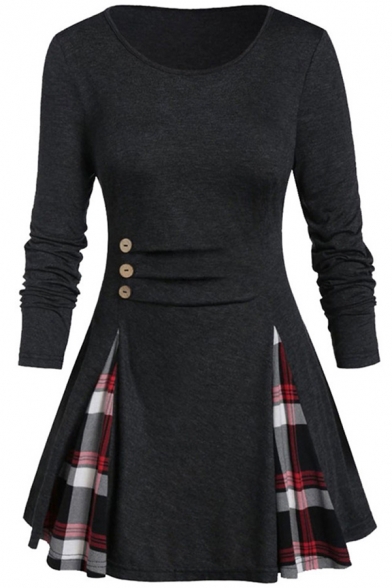 Classic Womens Dress Plaid-Patchwork Button Decoration Short A-Line Slim Fitted Round Neck Long Sleeve Swing Dress