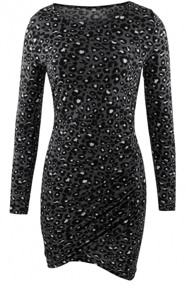 Cool Bodycon Dress All over Leopard Print Pleated off the Shoulder Asymmetrical Hem Long Sleeve Bodycon Dress for Women