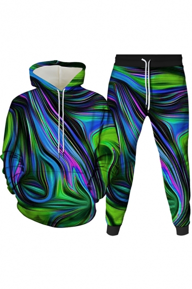 Cool Mens 3D Co-ords Colored Ombre Pattern Slim Fitted 7/8 Length Tapered Pants Long Sleeve Hoodie Jogger Co-ords