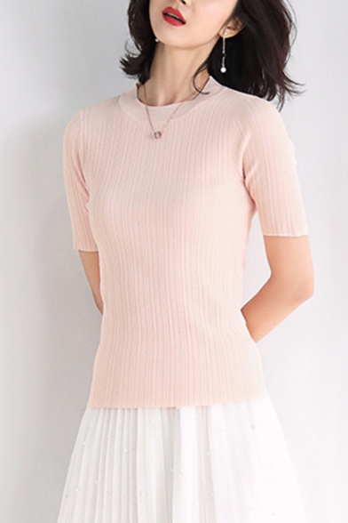 Elegant Women's T-Shirt Solid Color Elasticity Rib Knit Crew Neck Short-sleeved Slim Fitted Tee Top