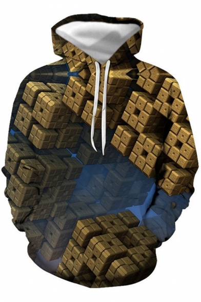 Fancy Mens 3D Geometric Pattern Pocket Drawstring Long Sleeve Regular Fit Hooded Sweatshirt