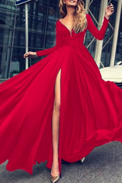 Fancy Women's A-Line Dress Solid Color Pleated Front Slit V Neck Long Sleeves Regular Fitted Long A-Line Dress