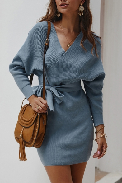 Fashionable Sweater Dress Solid Color Wrap Detail Tie Front Rib Knitted Long Sleeves Short Sweater Dress for Women