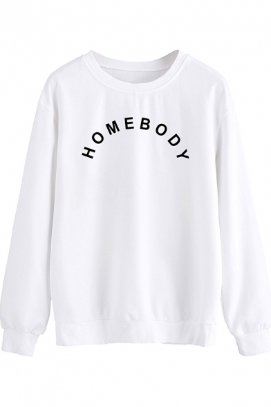 Fashionable Women's Sweatshirt Letter Homebody Print Ribbed Trim Crew Neck Long-sleeved Regular Fitted Sweatshirt
