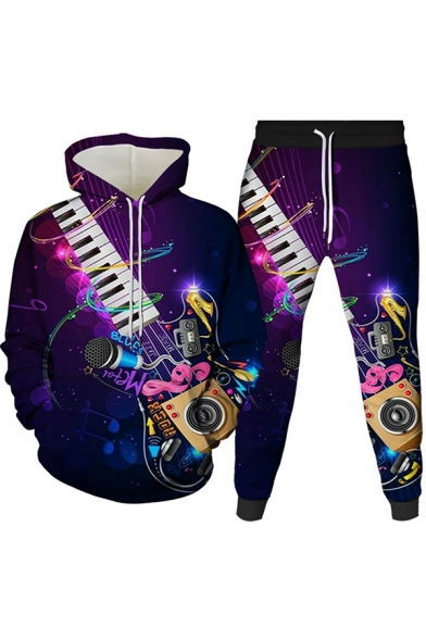 Mens 3D Co-ords Simple Guitar Fire Note Star Print Long Sleeve Hooded Sweatshirt Ankle Length Tapered Pants Slim Fit Jogger Co-ords