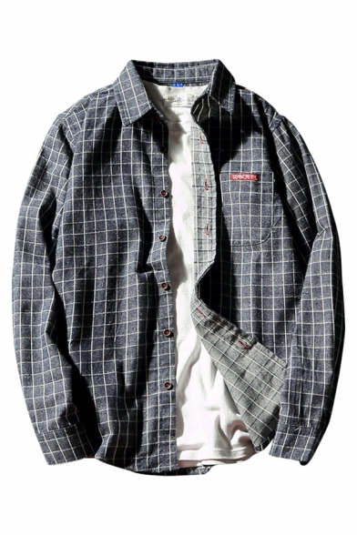 Mens Shirt Unique Grid Pattern Chest Pocket Point Collar Button Detail Loose Fit Long Sleeve Shirt
