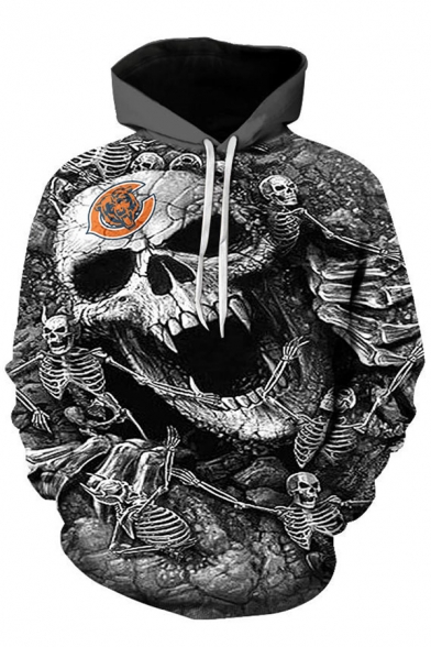 New Fashion 3D Skull Printed Long Sleeve Loose Leisure Pullover Black Hoodie