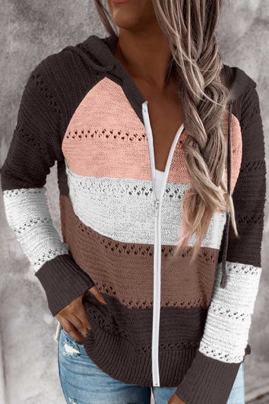 Novelty Womens Cardigan Color Block Zipper Fly Drawstring Loose Fit Long Sleeve Knitted Hoodie