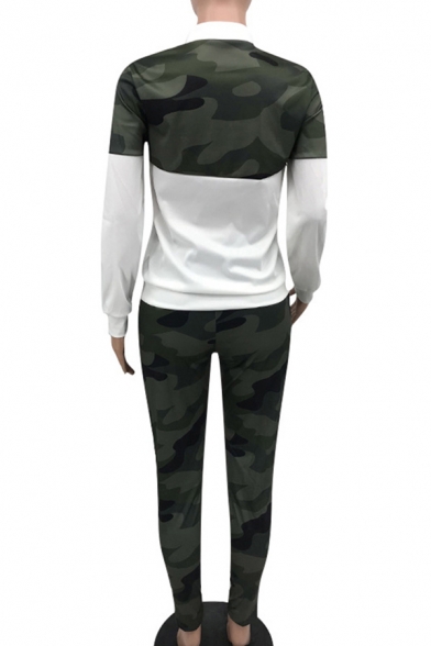 Novelty Womens Co-ords Camo Color Block Panel Slim Fitted 7/8 Length Pants Long Sleeve 1/2 Zip Collar Jacket Sport Co-ords