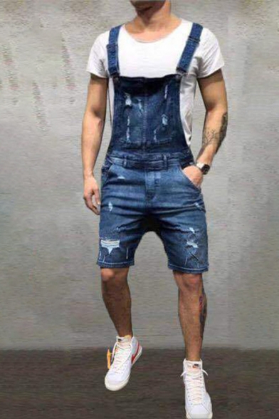 Retro Mens Shorts Pockets Distressed Side Button Detail Regular Fitted Denim Overall Shorts with Washing Effect