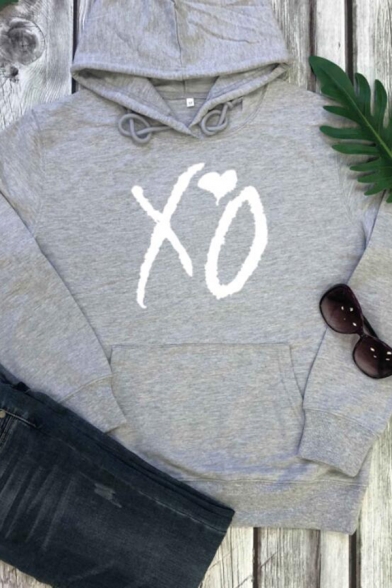 Retro Womens Hoodie Heart Letter XO Pattern Drawstring Long Sleeve Regular Fit Hooded Sweatshirt with Kangaroo Pocket