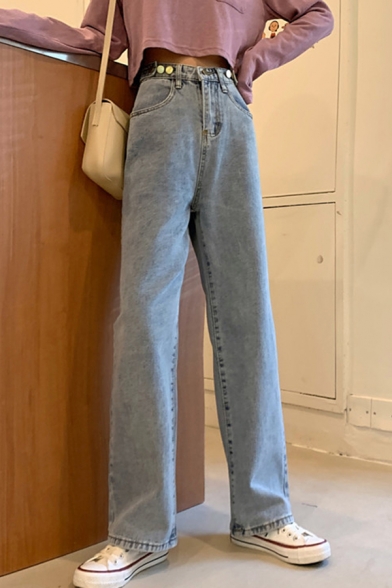 Trendy Women's Jeans Pockets High Waist Long Relaxed Fit Straight Jeans
