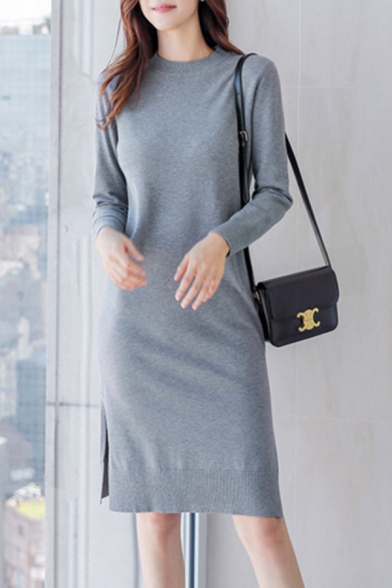 Trendy Women's Sweater Dress Solid Color Ribbed Trim Crew Neck Long-sleeved Regular Fitted Sweater Dress