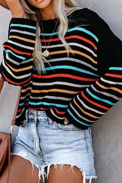 Unique Womens Sweater Rainbow Stripe Pattern Long Drop-Sleeve Relaxed Fitted Boat Neck Sweater