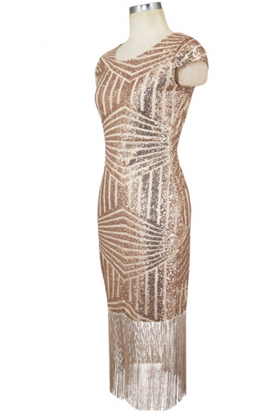 Womens Dress Chic Sequin Decoration Fringe Hem Midi Slim Fitted Round Neck Cap Sleeve Bodycon Dress