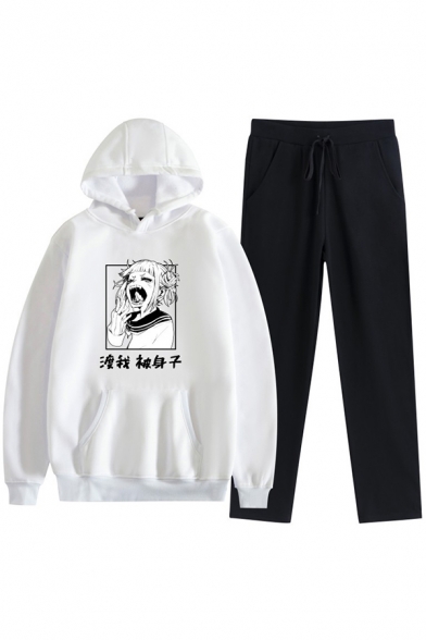 Womens Graphic Co-ords Stylish Beauty Waifu Chinese Letter Pattern Long Sleeve Hoodie Full Length Pants Loose Fit Jogger Co-ords