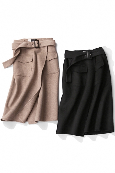 Womens Skirt Unique Plain Double-Sided Woolen Flap Pockets Front Buckle Belted High Rise Midi Bodycon Wrap Skirt
