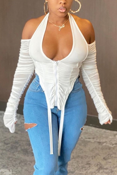 Womens T-Shirt Trendy Solid Color Zipper Front Low-Bust Slim Fitted Long Sleeve Cold Shoulder Halter Neck Tee Top