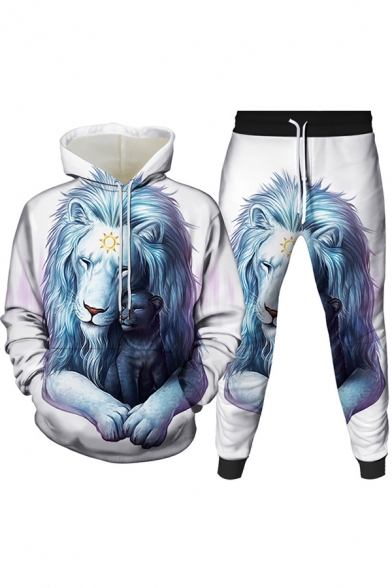 Basic Mens 3D Co-ords Lion Head Cat Pattern Slim Fitted 7/8 Length Tapered Pants Long Sleeve Hoodie Jogger Co-ords