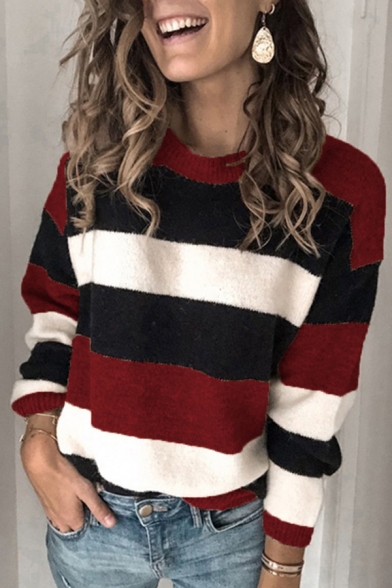 Basic Womens Sweater Contrast Stripe Pattern Round Neck Long Sleeve Relaxed Fitted Sweater