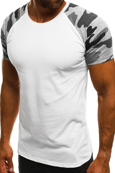 Casual Men's T-Shirt Contrast Panel Raglan Crew Neck Short Sleeves Regular Fitted Tee Top