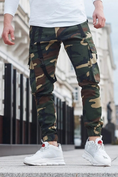 Classic Mens Pants Camouflage Side Flap Pockets Cuffed Zipper Fly Ankle Length Loose Fit Tapered Cargo Pants