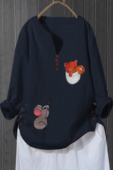 Classic Womens Shirt Cat Mouse Pocket Pattern Button Decoration Split Neck Long Sleeve Regular Fitted Pullover Shirt