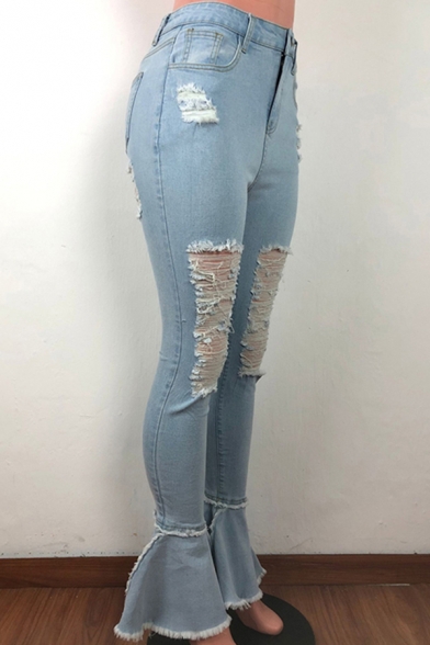 Creative Womens Jeans Medium Wash Ripped Ruffle Hem Zipper Fly Slim Fit Long Bootcut Jeans
