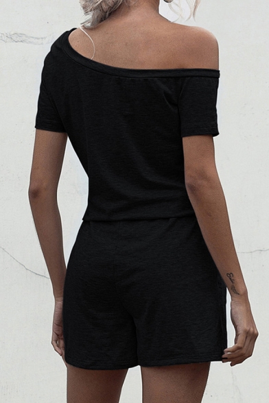 Creative Womens Romper Solid Color Drawstring-Waist Short Sleeve Sloping Shoulder Slim Fitted Romper