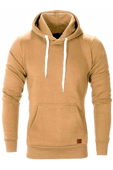 Fancy Mens Hoodie Solid Color Label Drawstring Ribbed Trim Long Sleeves Kangaroo Pocket Regular Fitted Hooded Sweatshirt