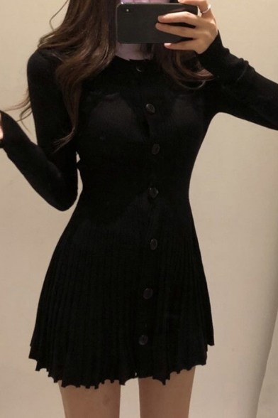 Fashionable A-Line Dress Solid Color Pleated Design Button-down Waist-Banded Round Neck Long-sleeved Slim Fitted A-Line Dress for Women