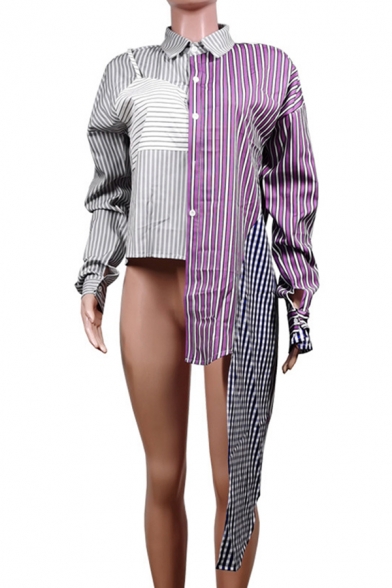Leisure Womens Shirt Stripe Pattern Contrast Panel Patchwork Button Fly Turn-down Collar Long-sleeved Regular Fitted Shirt Blouse