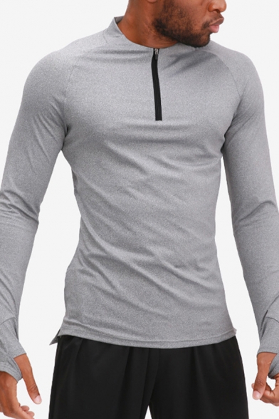 Mens Fitness T-Shirt Chic Solid Color Quick Dry Finger Holes Long Sleeve Round Neck Skinny Fitted Tee Top